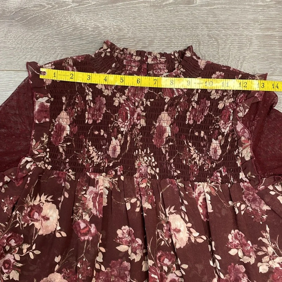 Skylar & Jade Burgundy Sheer Floral Long Sleeve Blouse Lace Ruffle Detail S - Picture 7 of 12